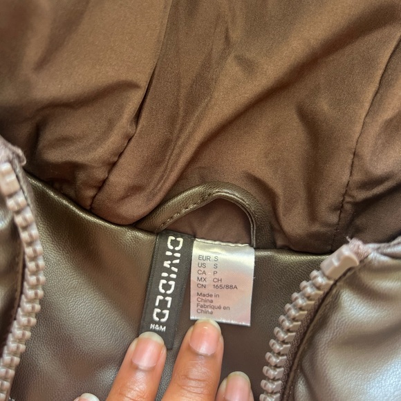 brown leather puffer hoodie coat - Picture 3 of 4